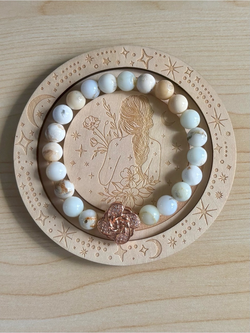Natural White Opal Beads with Rose Gold tone Flower Charm stretch Bracelet
